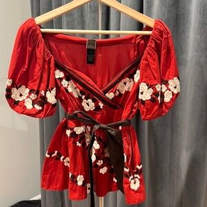 Lithe (sold by Anthropologie) vintage peplum red with floral embroidery